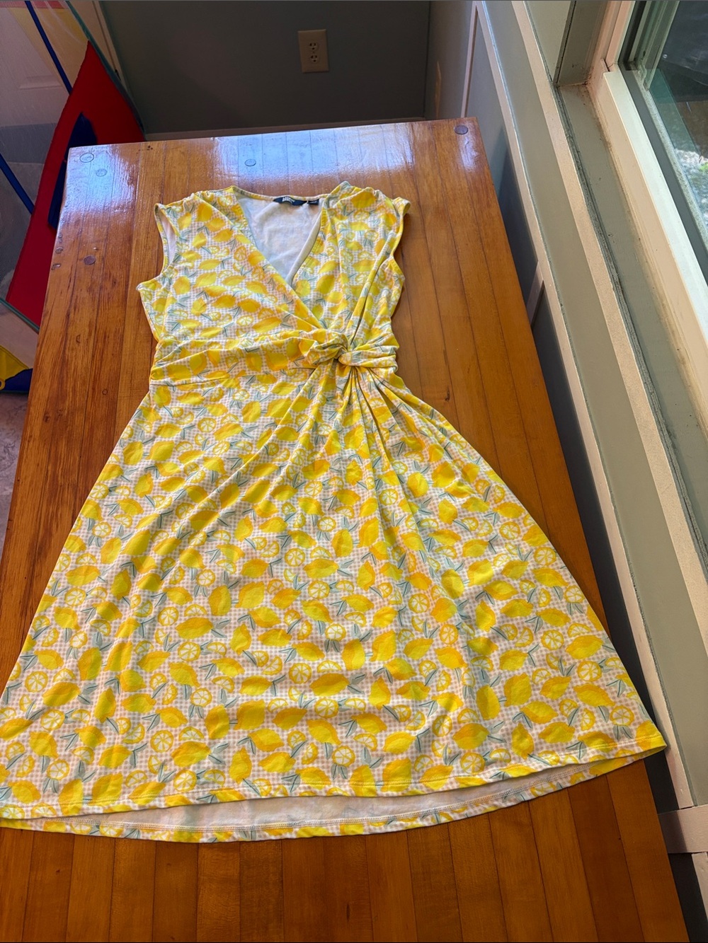 Lands' End Yellow Lemon-Print Midi Wrap Dress